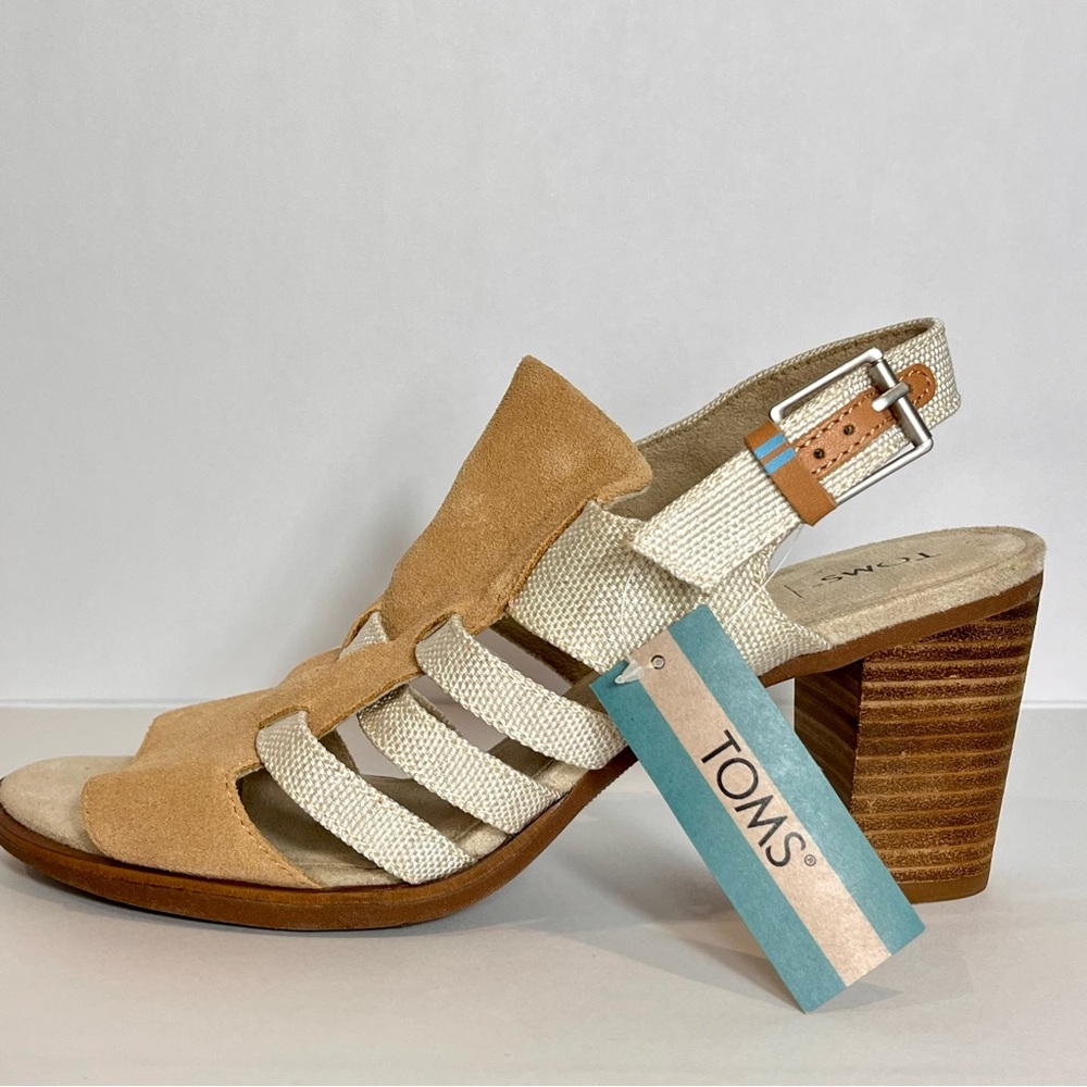 NWT TOMS Majorca Woven Block Heel Sandals Tan Sz 10 Boho Chic Coastal Neutral